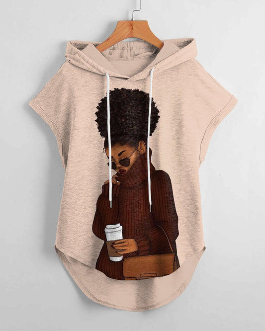 Coffee Sweater Brown Girl Hem Drawstring Hooded Tee