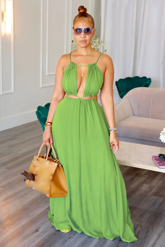 Sleeveless Cutout Solid Color Vacation Slip Maxi Dresses-Green