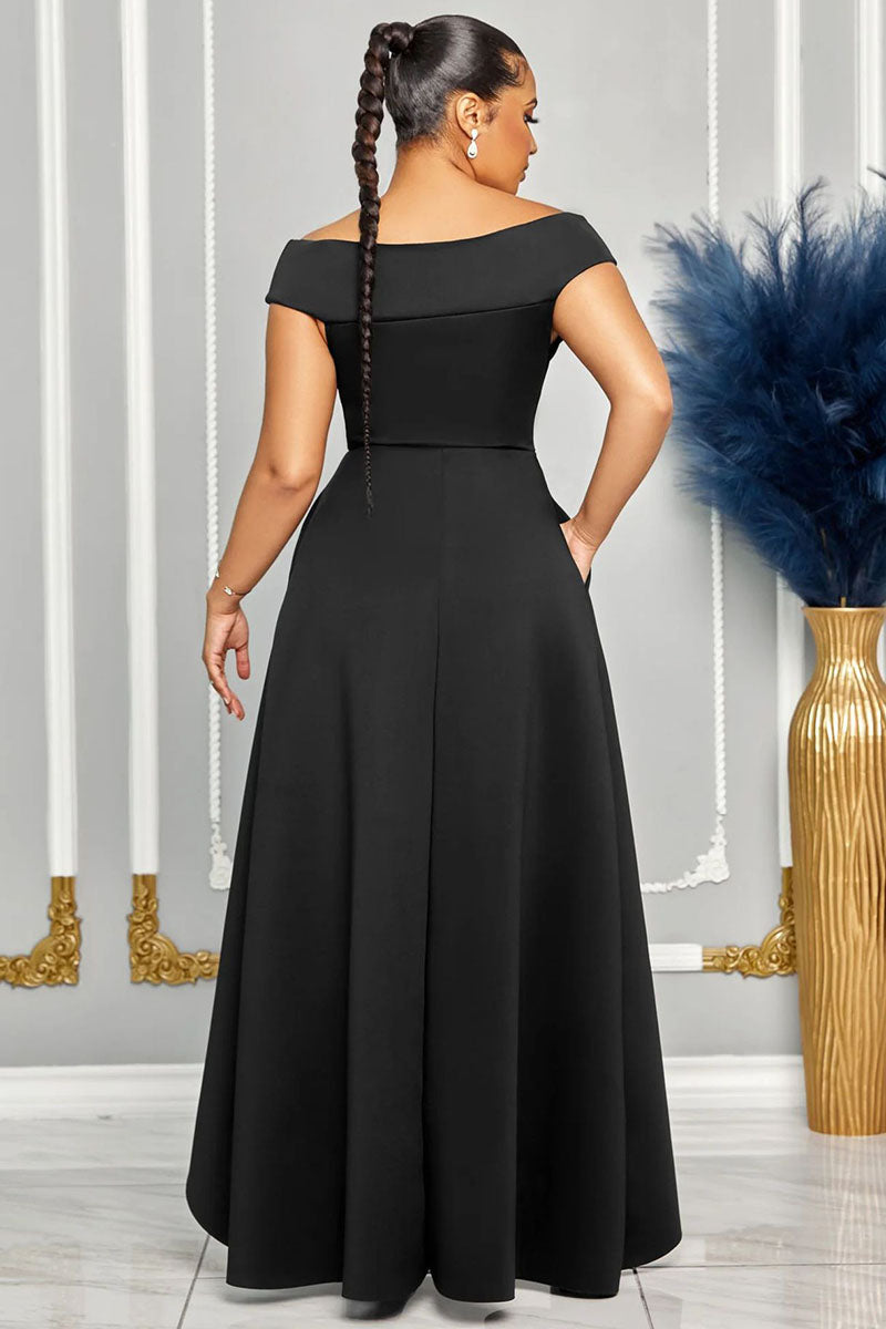 V Neck A-Line Ruffled Trim Wide Hem Pocket Evening Gowns Maxi Dresses-Black