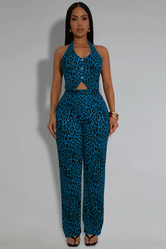 Leopard Print Halter Crop Vest High Waist Straight Leg Pants 2pcs Set-Blue