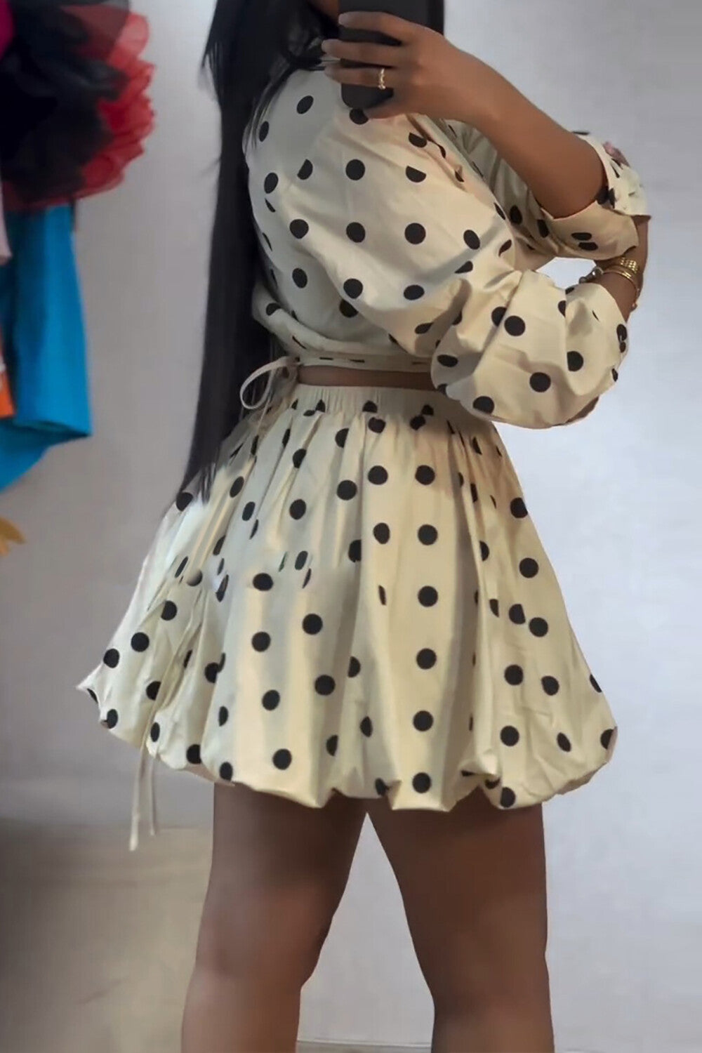 Polka Dot Print Long Sleeve Crop Blouse Bubbled Mini Skirt 2pcs Set-Yellow