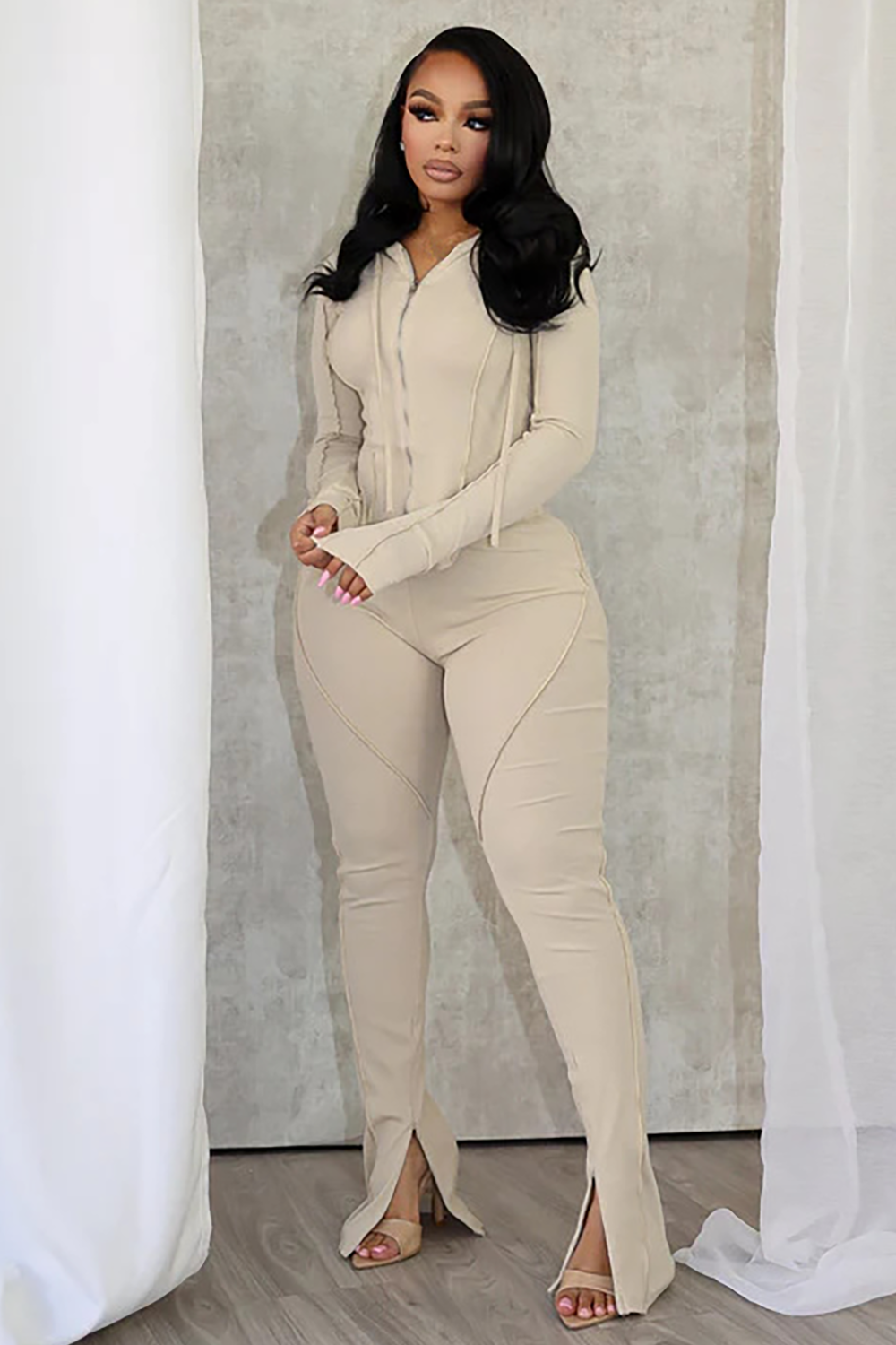 Zipper Long Sleeve Hoodie Slit Slim Fit Solid Color Pants 2pcs Set-Gray