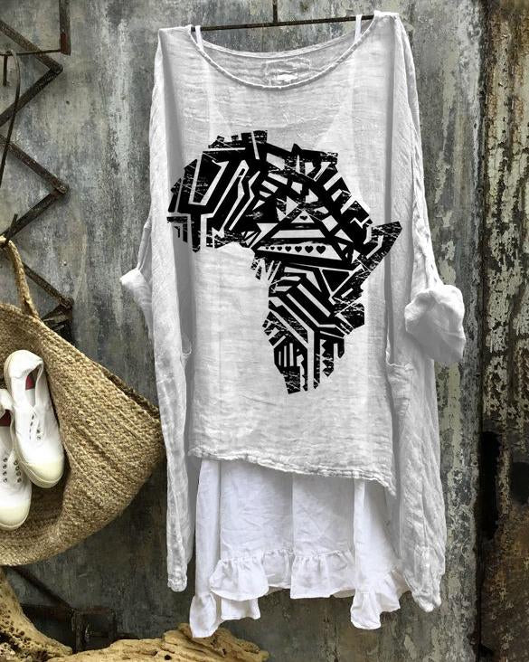 Retro Africa Map Linen Blend Flowy Tunic