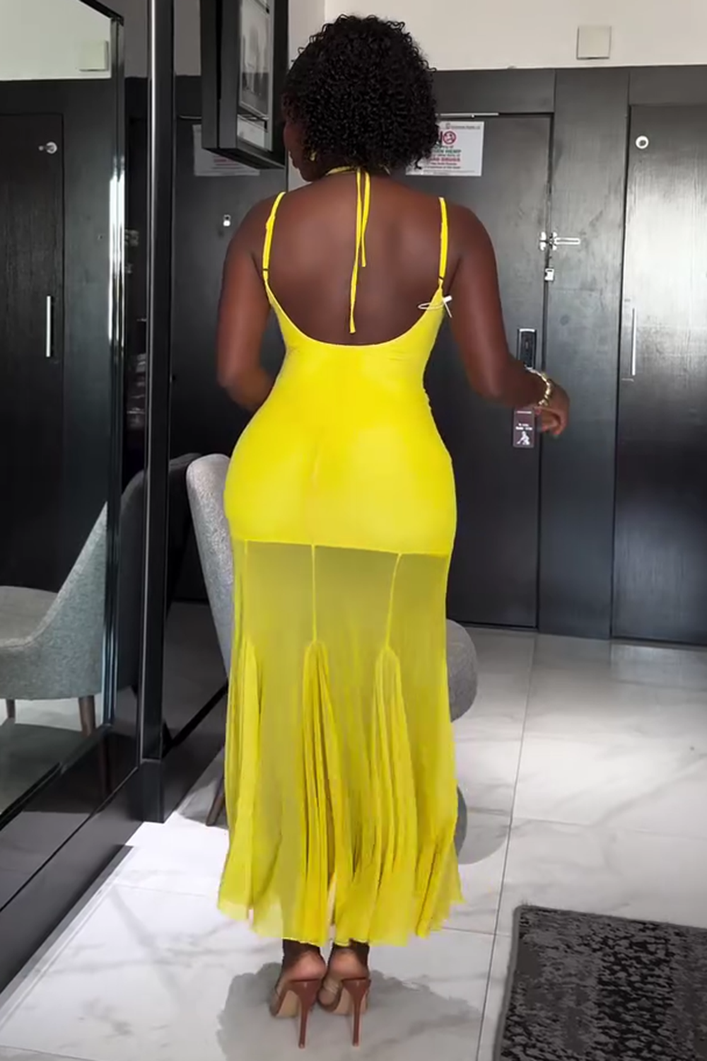 Cami Halter Lace-Up Godet Mesh Hem Party Maxi Dresses-Yellow [Pre Order]