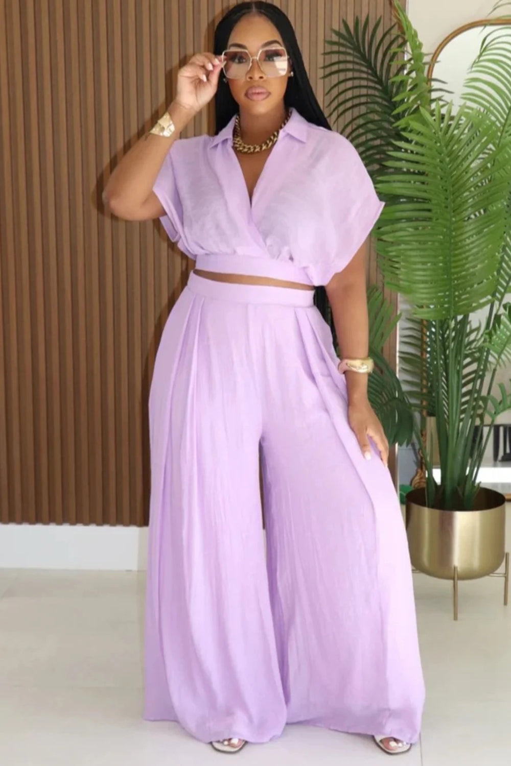 V Neck Dropped Shoulder Blouse Wide Leg Pants 2pcs Set-Pink [Pre Order]