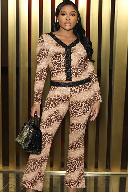 Lace Trim Leopard Print Long Sleeve Top Flared Pants Matching Set-Brown