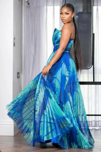 Irregular Strapless Neck Print Pleated Party Maxi Dresses-Blue [Pre Order]