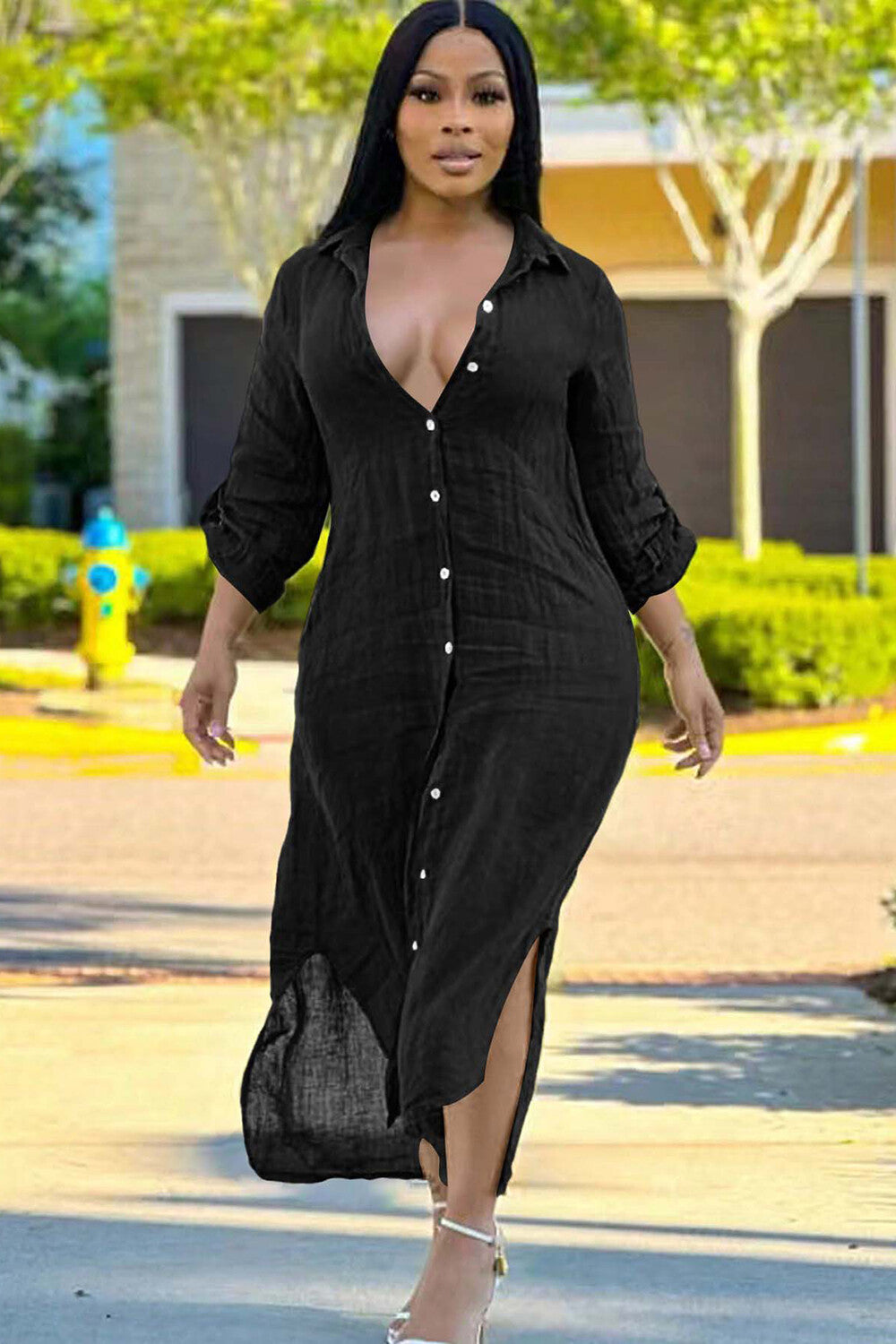 Solid Color Button Up Long Sleeve Slit Midi Shirt Dresses-Green