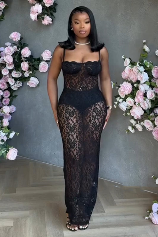 Guipure Lace See-Through Slim-Fit Party Maxi Slip Dresses-Black [Pre Order]