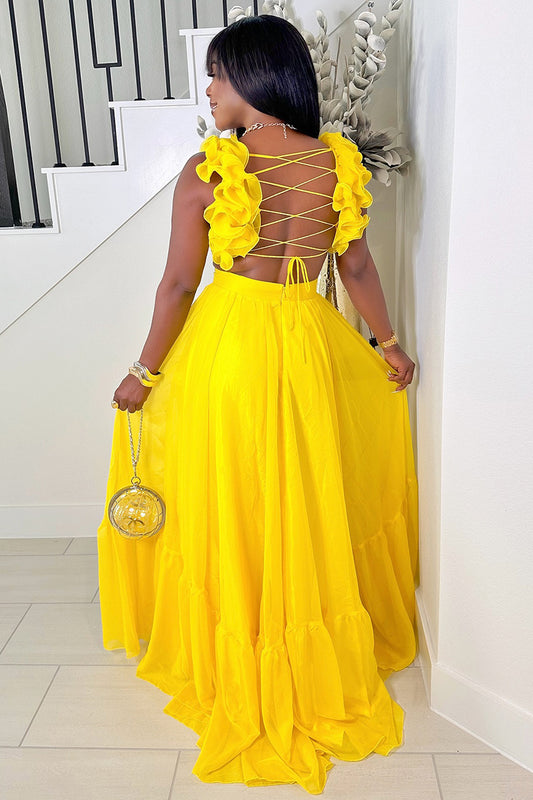 Ruffled Lace Up Backless Deep V Neck Tiered Maxi Dresses