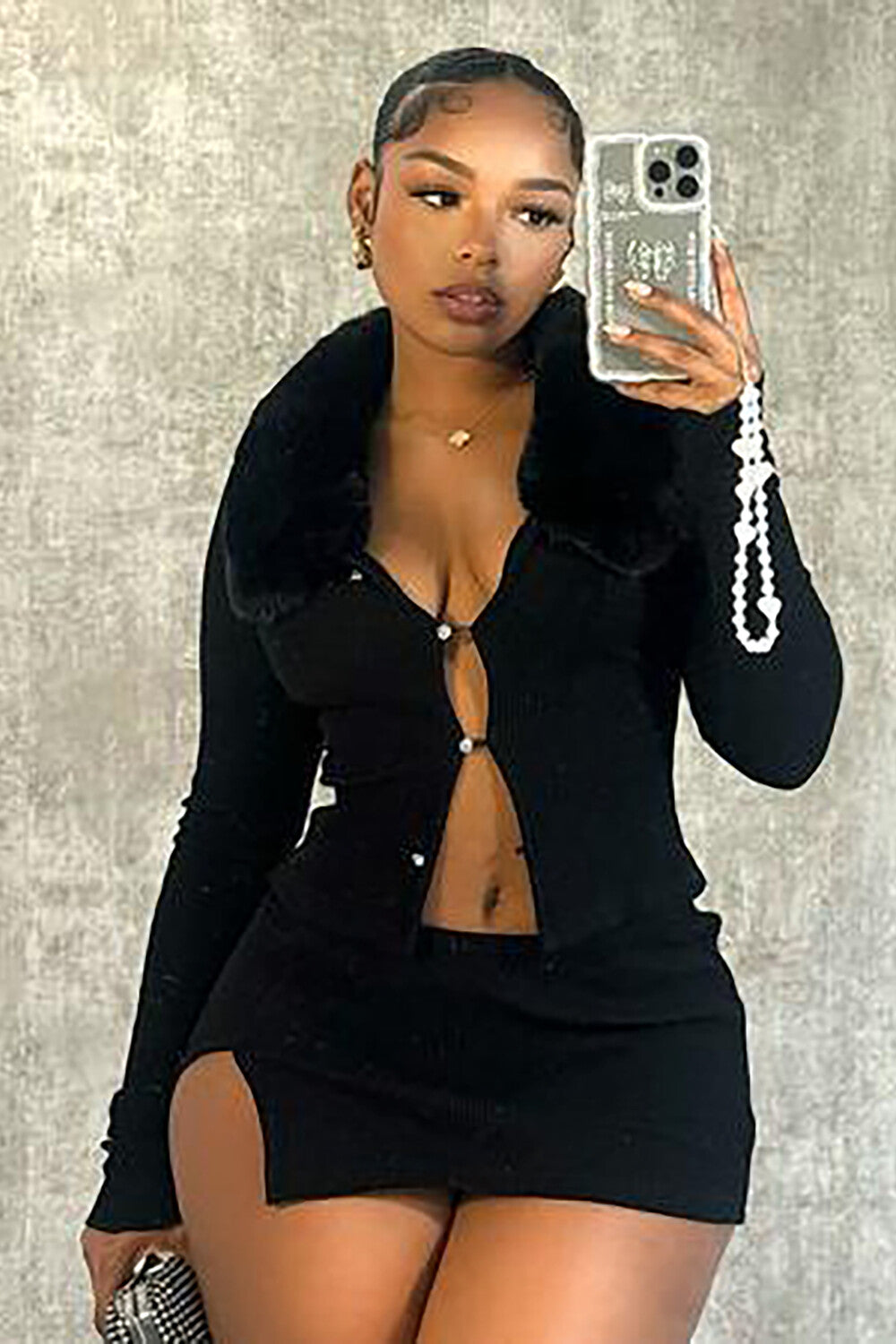 Fuzzy Turndown Collar Knit Button Up Crop Top Slit Mini Skirt 2pcs Set-White