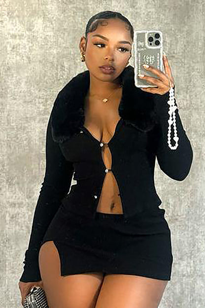 Fuzzy Turndown Collar Knit Button Up Crop Top Slit Mini Skirt 2pcs Set-White