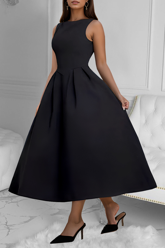Solid Color Open Back A-Line Midi Tank Dresses-Black