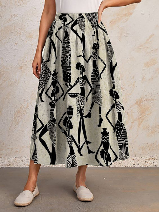 Women's Traditional Black Woman Pattern Art Print Casual Skirt