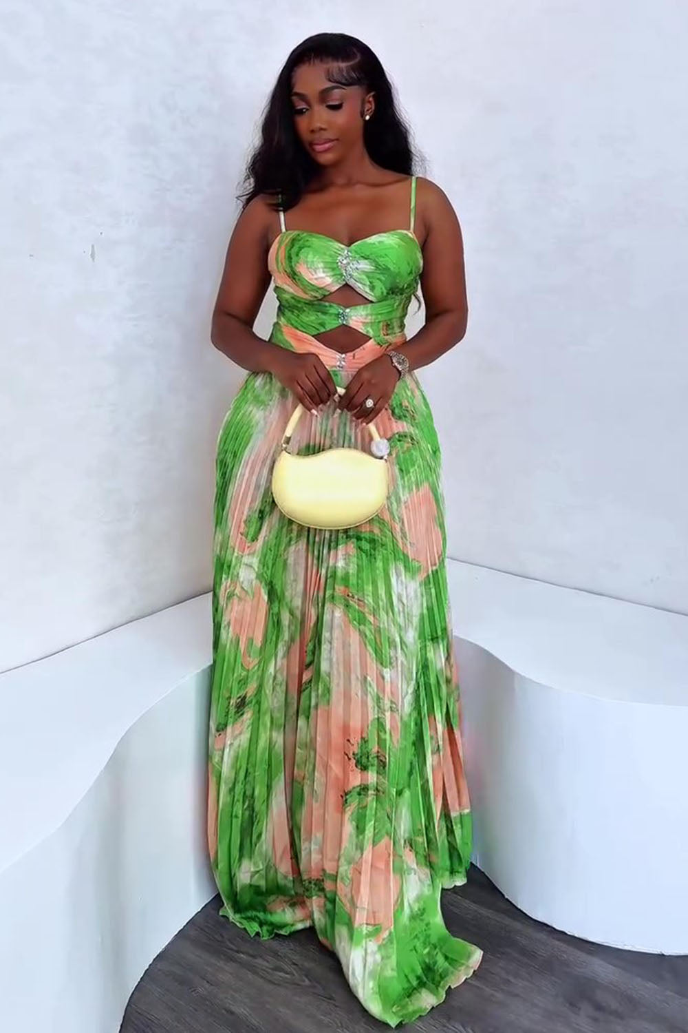 Floral Print Cut Out Pleated Vacation Maxi Slip Dresses-Green [Pre Order]