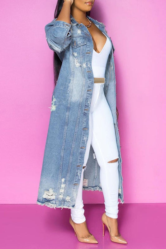 Casual Ripped Long Denim Jacket