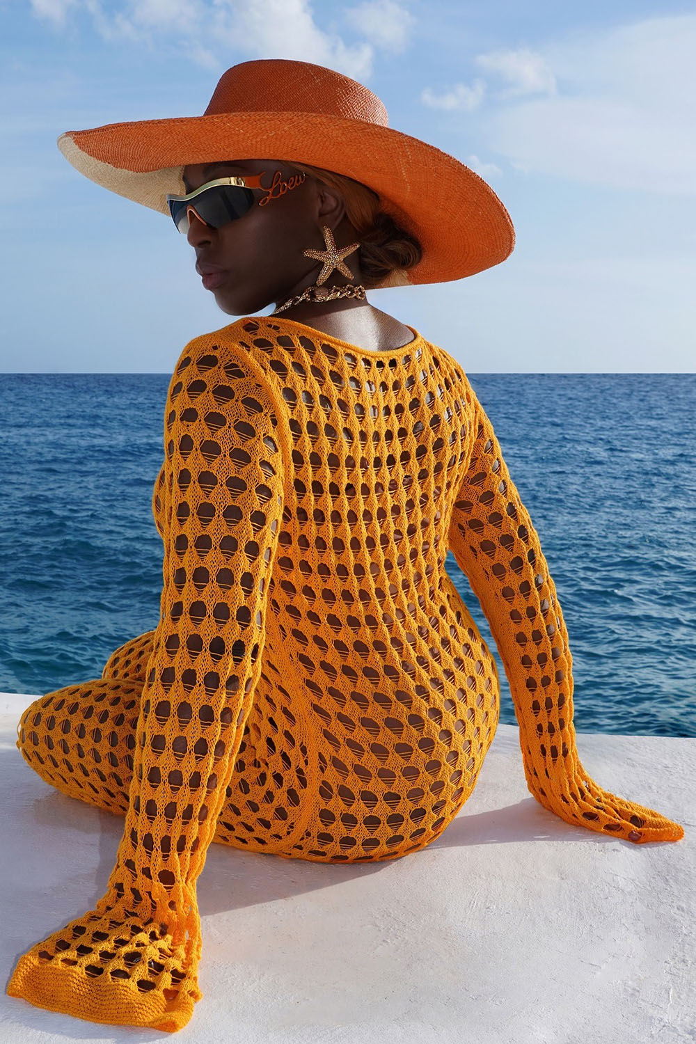 Hollow Out Knit Long Sleeve Slim-Fit Vacation Maxi Dresses-Orange [Pre Order]