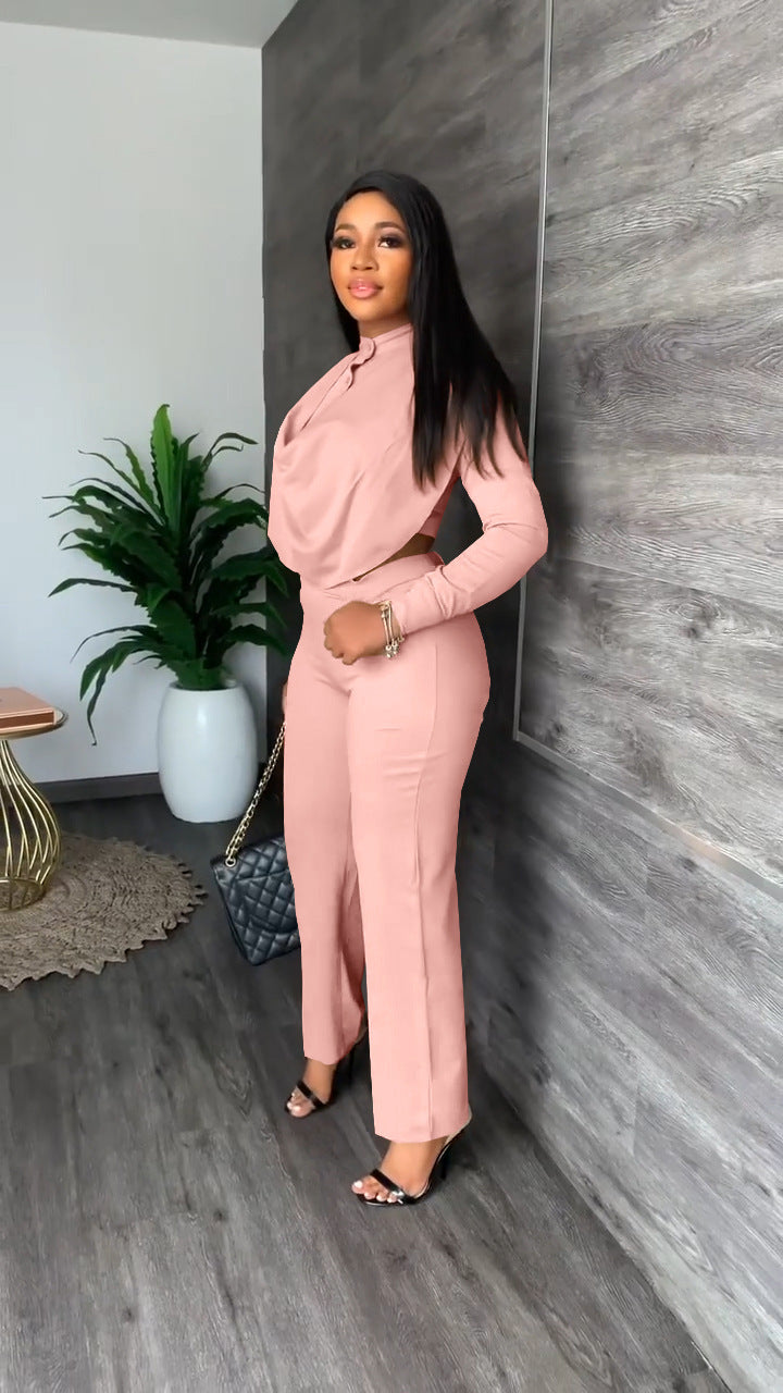 Button Turtleneck Long Sleeve Top Pants Set[Pre Order]