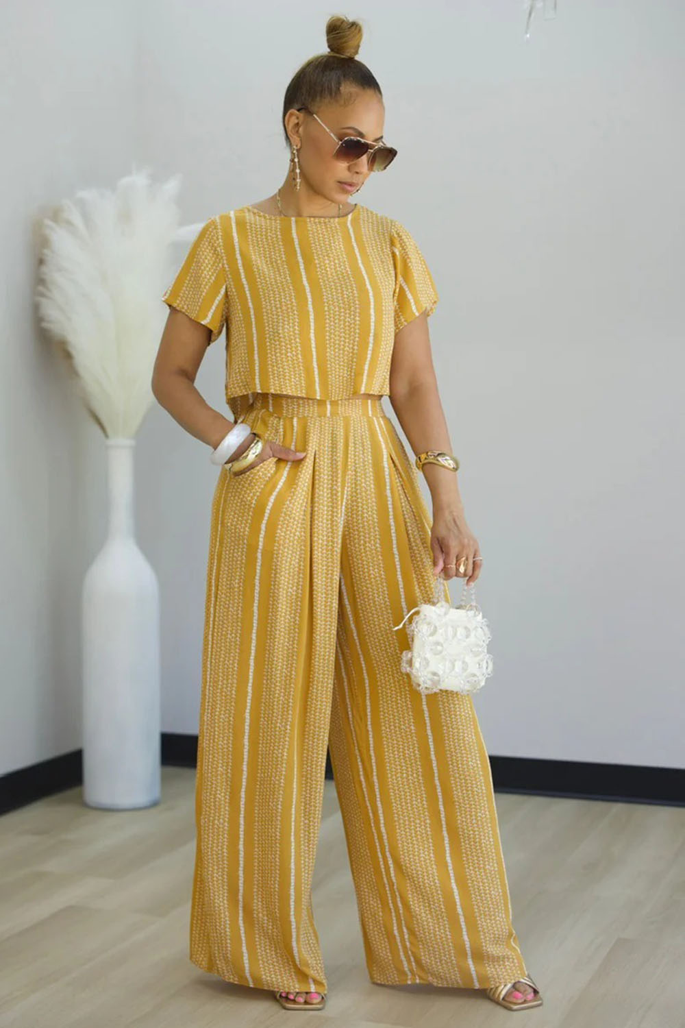 Stripe Print T-Shirt High-Rise Wide Leg Pants 2pcs Set-White [Pre Order]
