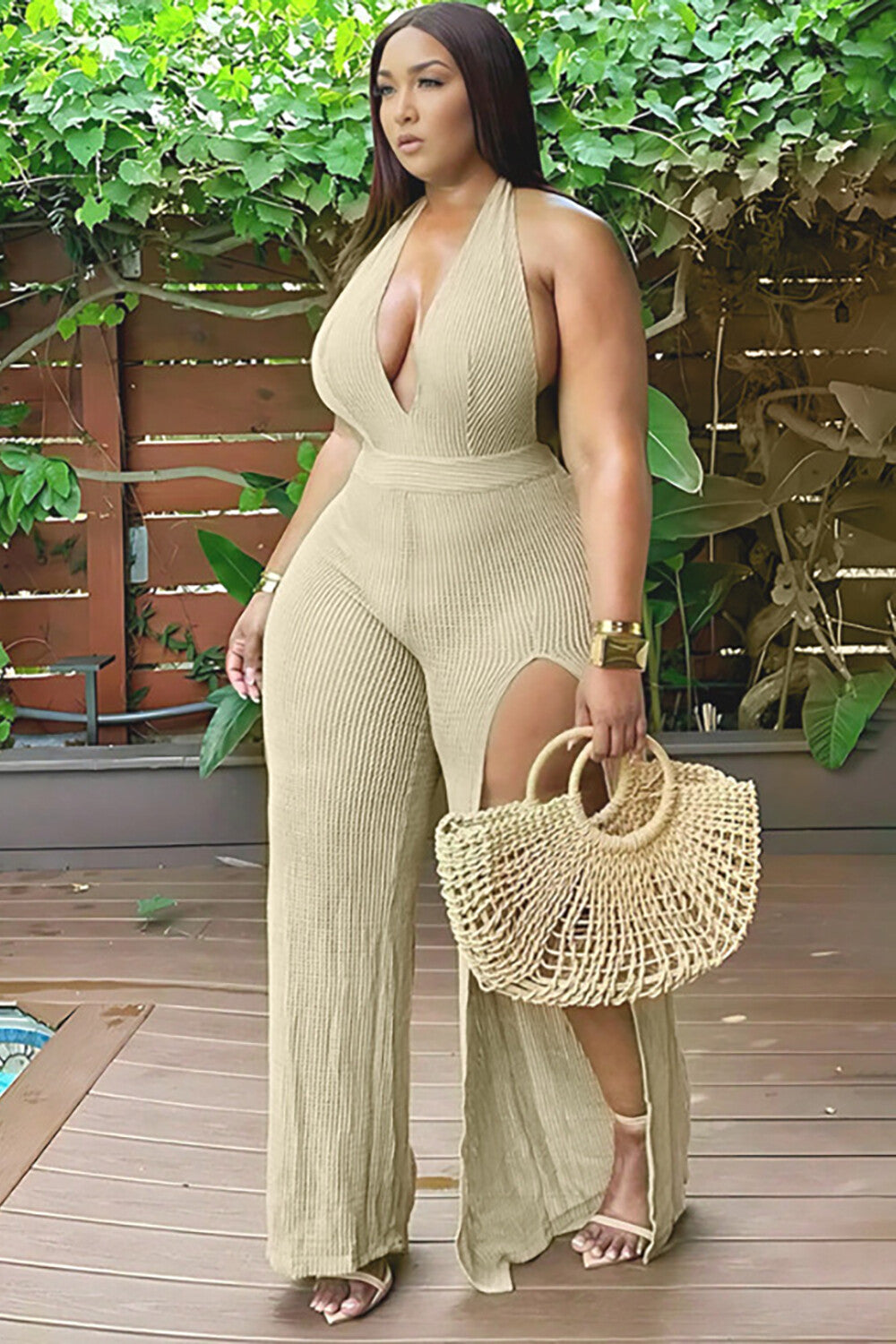 Solid Color Textured Knit Deep V Neck Halter Slit Jumpsuit-Beige