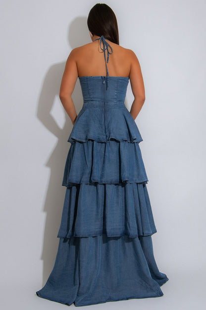 Halter Gathered Cutout Layered Denim Vacation Maxi Dresses-Blue [Pre Order]