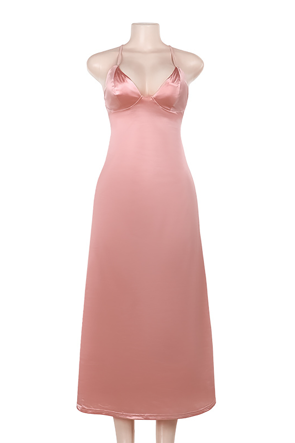 Deep V Neck Backless Slim Fit Solid Color Slip Midi Dresses-Pink