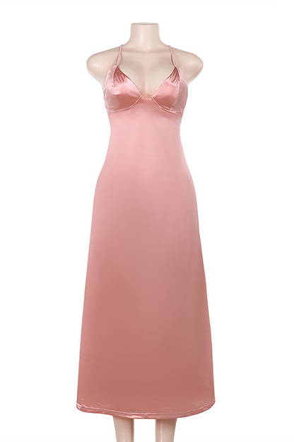 Deep V Neck Backless Slim Fit Solid Color Slip Midi Dresses-Pink