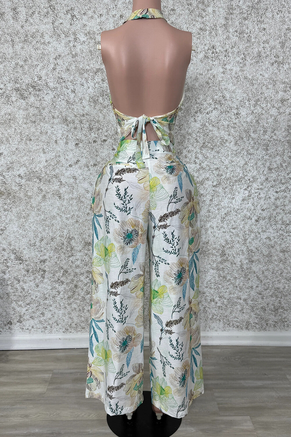 Floral Print Button Halter Top Wide Leg Pants Vacay 2pcs Set-Blue [Pre Order]
