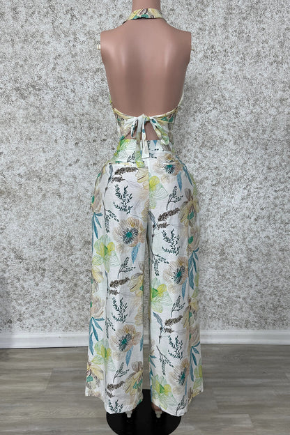 Floral Print Button Halter Top Wide Leg Pants Vacay 2pcs Set-Blue [Pre Order]