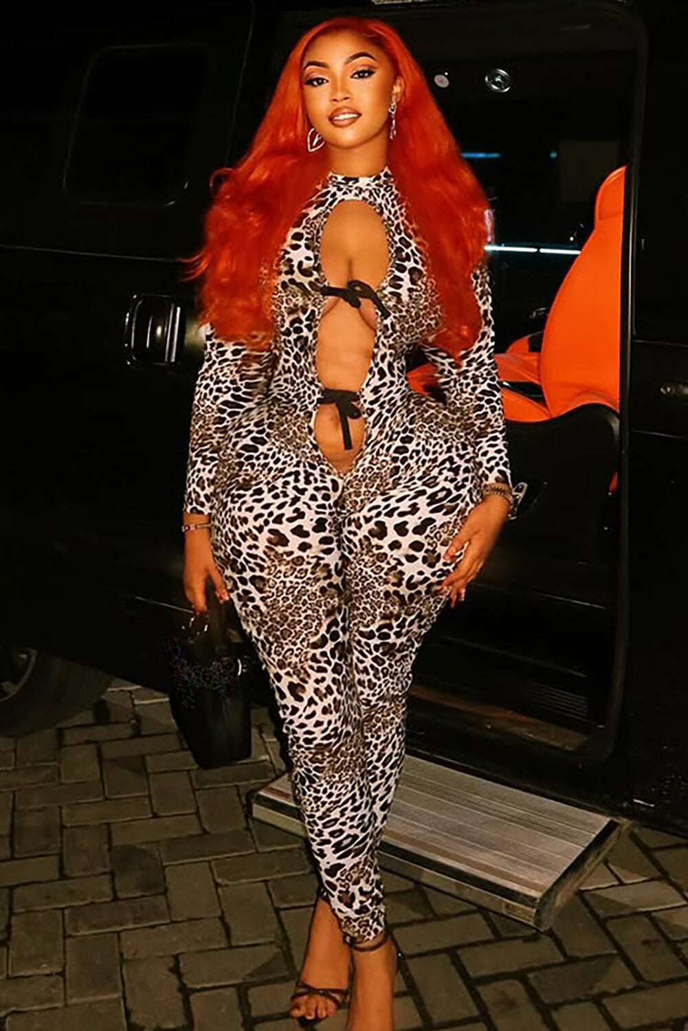 Cutout Tie Up Leopard Print Long Sleeve Slim Fit Jumpsuit-Brown