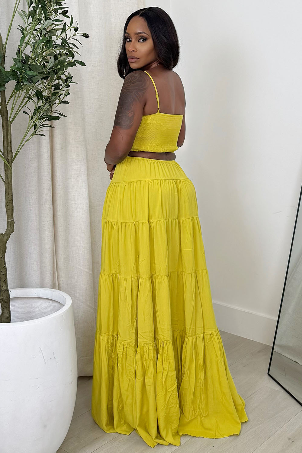 Ruched Cutout Waist Tiered Vacation Cami Maxi Dresses-Yellow [Pre Order]