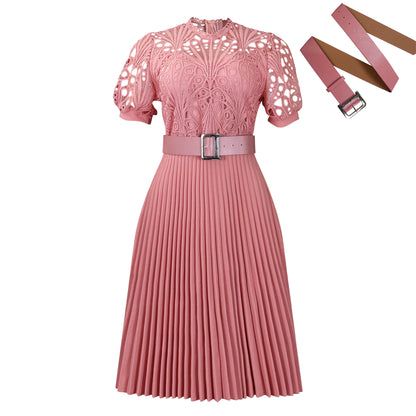 Women's Short-Sleeved Lace Stitching Pleated Dress Cross-Border Dress