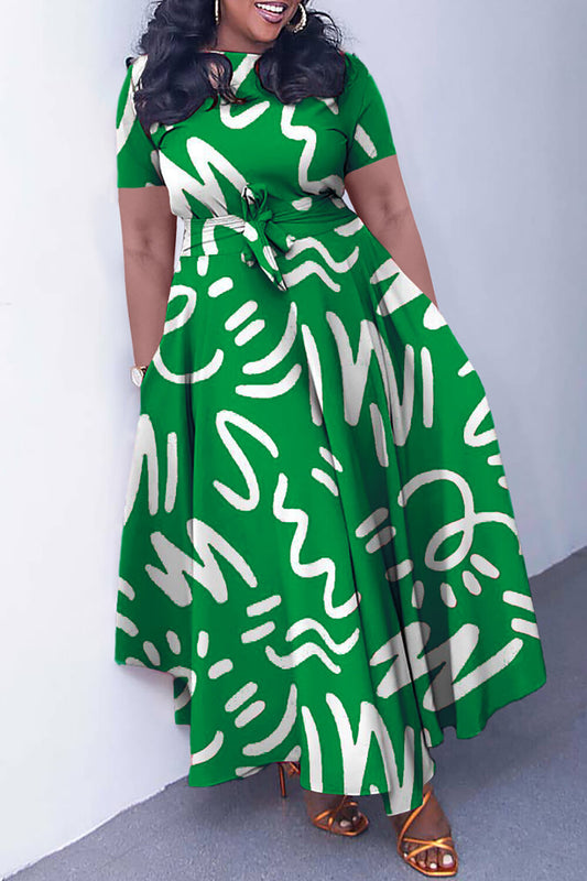 Doodle Print Short Sleeve Tie Up A-Line Maxi Dresses-Green