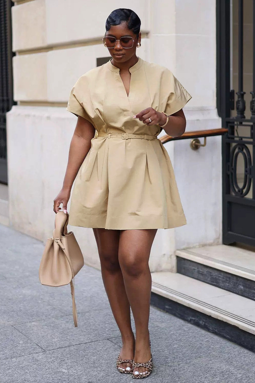V Neckline Short Sleeve Belted Solid Color A-Line Mini Dresses-Beige