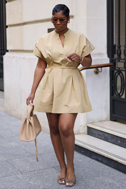 V Neckline Short Sleeve Belted Solid Color A-Line Mini Dresses-Beige