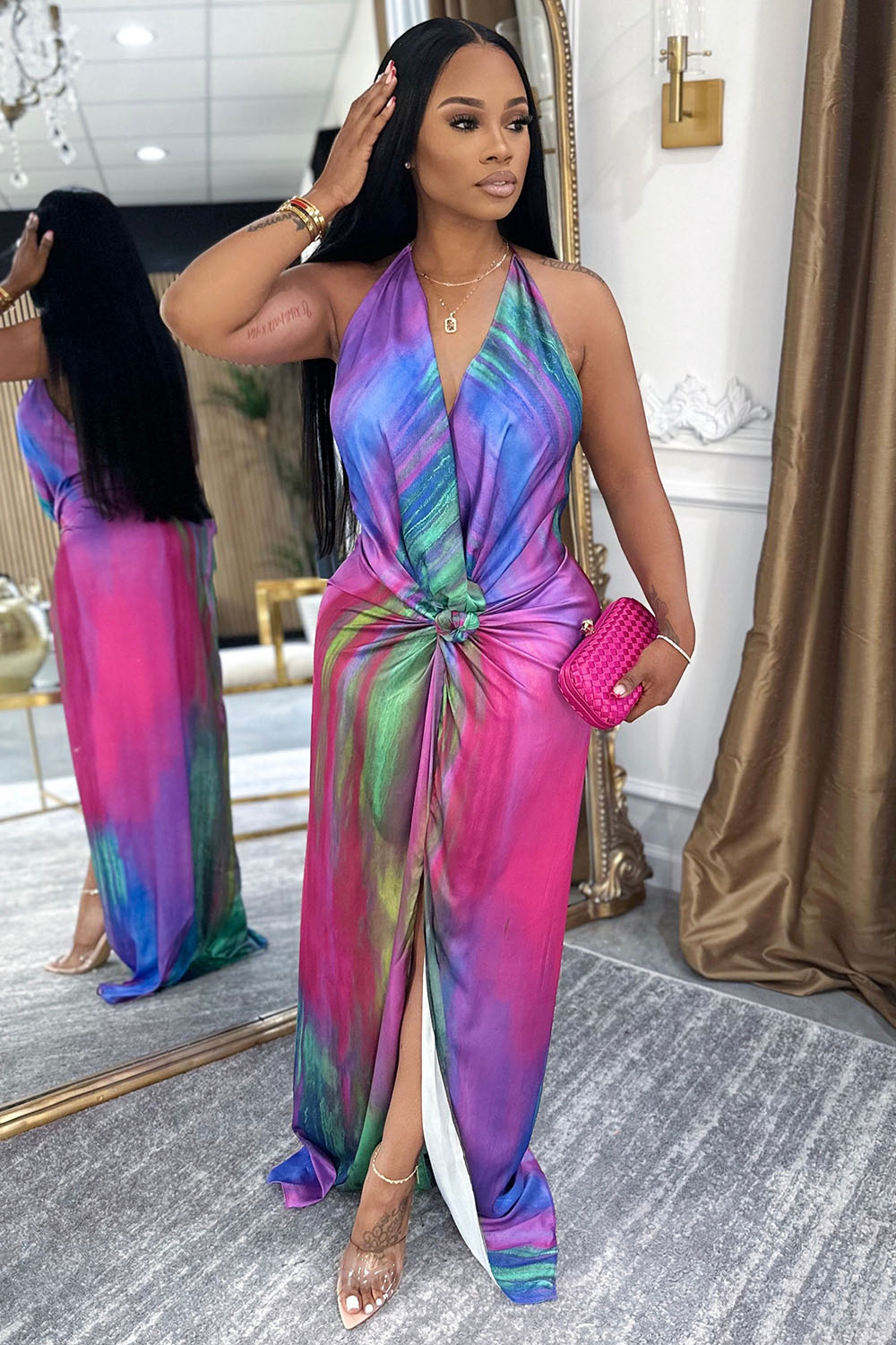Tie Dye Print Halter Twisted Slit Vacation Maxi Dresses-Fuchsia [Pre Order]