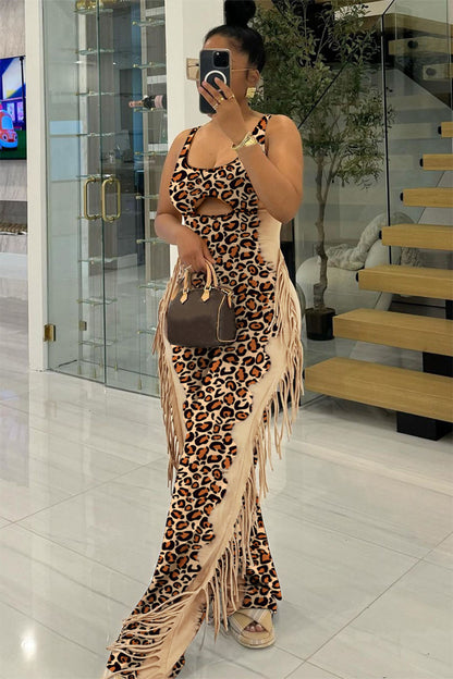 Leopard Print Cutout Fringe Party Sleeveless Jumpsuit-Brown [Pre Order]