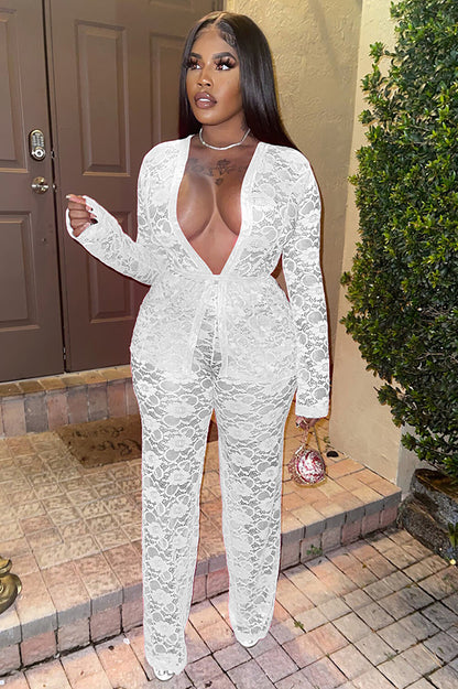 Floral Lace Deep V Neck Long Sleeve Top Straight Leg Pants 2pcs Set-White