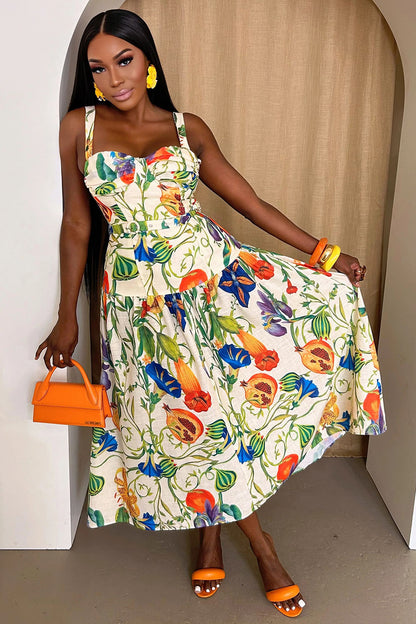 Floral Fruit Print Straps Cinched Vacation Maxi Dresses-Beige [Pre Order]