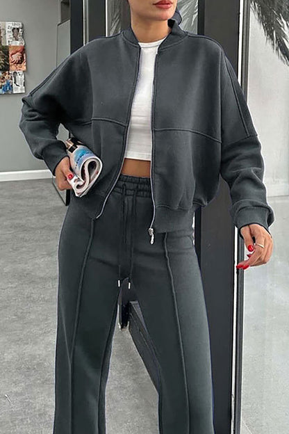 Solid Color Long Sleeve Zipper Track Jacket Casual Pants 2pcs Set-Brown