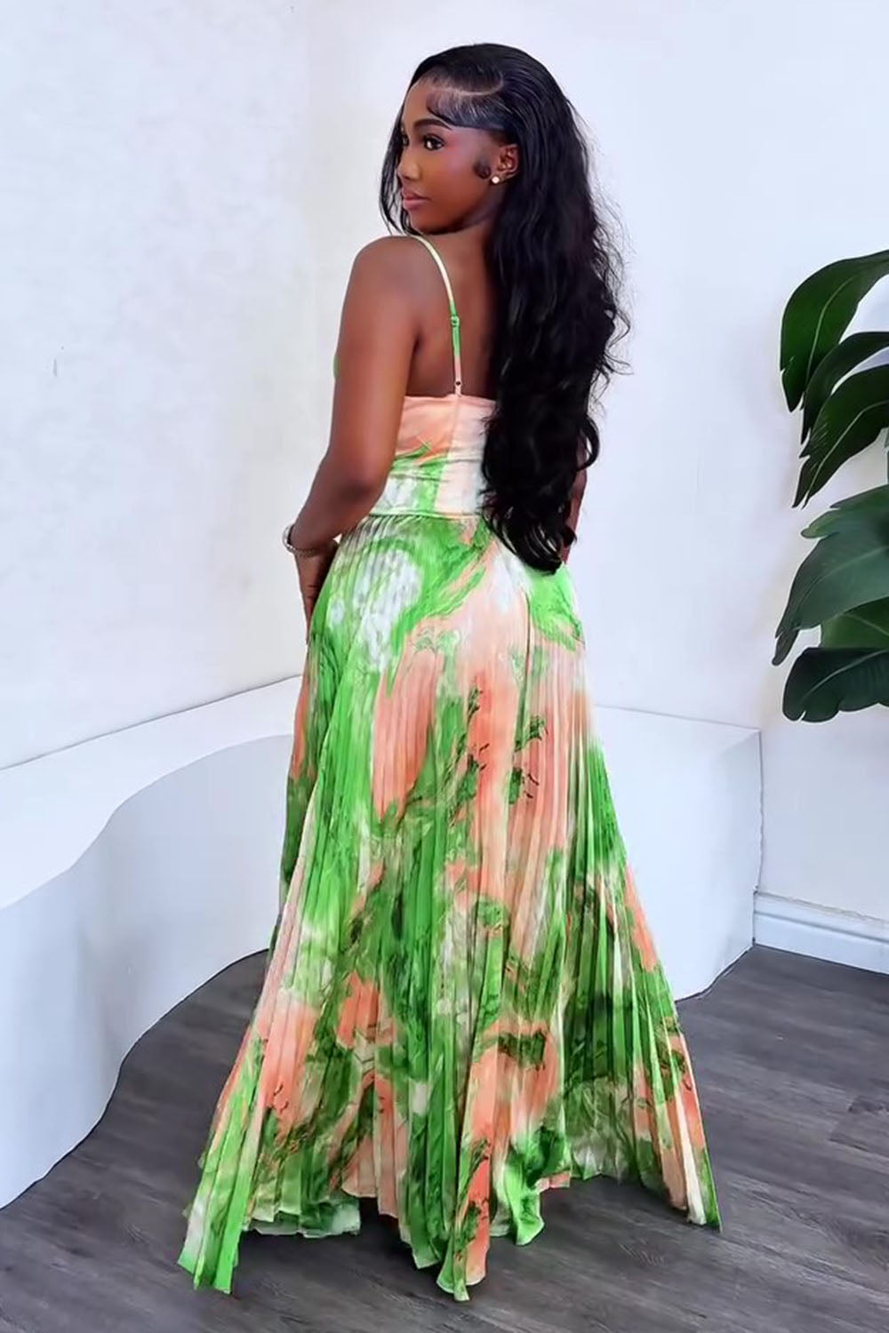 Floral Print Cut Out Pleated Vacation Maxi Slip Dresses-Green [Pre Order]