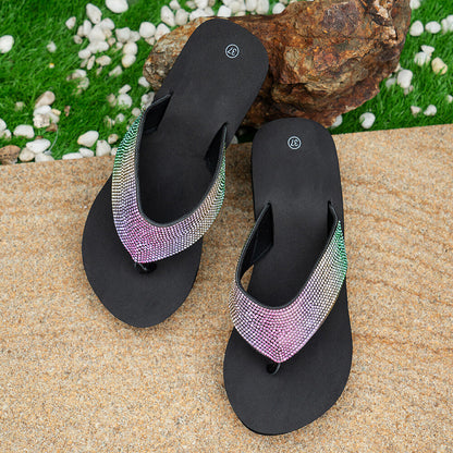 Rhinestone Decor Round Toe Flip Flops Wedge Slippers-Black