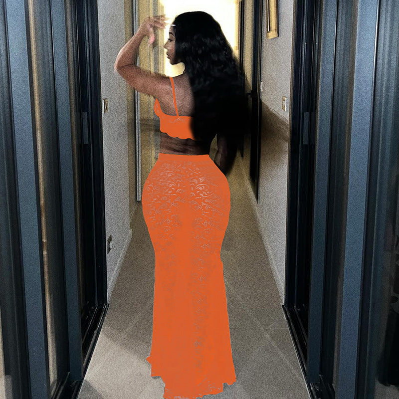 Sexy Cutout Sling Top Solid Color High Waist Skirt Lace Two Piece Suit
