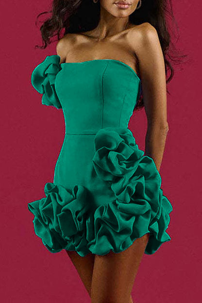 3D Petal Design Strapless Bodycon Party Mini Dresses-Blue