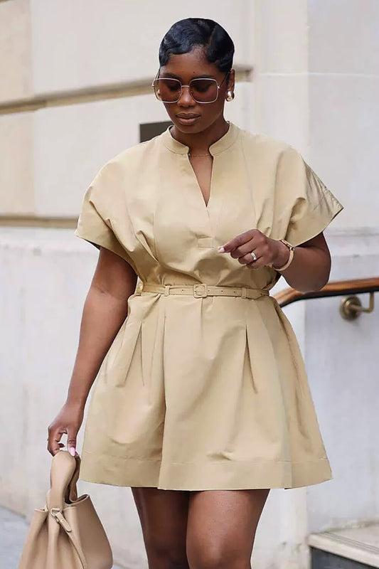 V Neckline Short Sleeve Belted Solid Color A-Line Mini Dresses-Beige