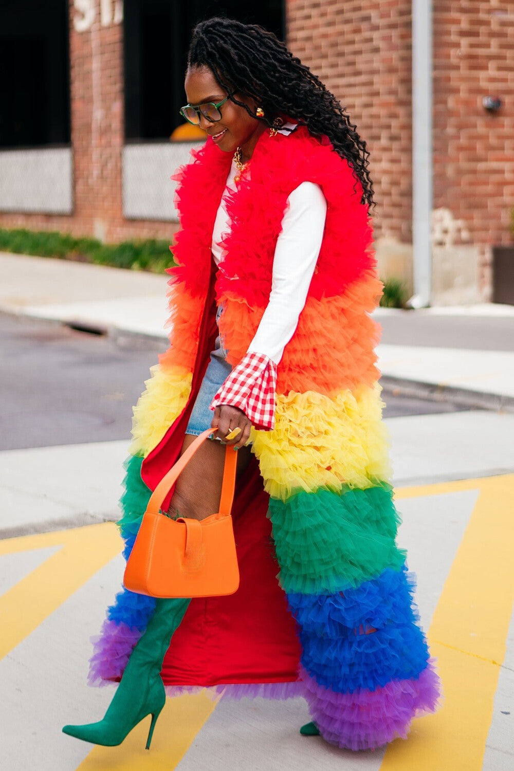 Rainbow-Colored Tulle Tiered Ruffled Sleeveless Long Vest Coat-Red [Pre Order]