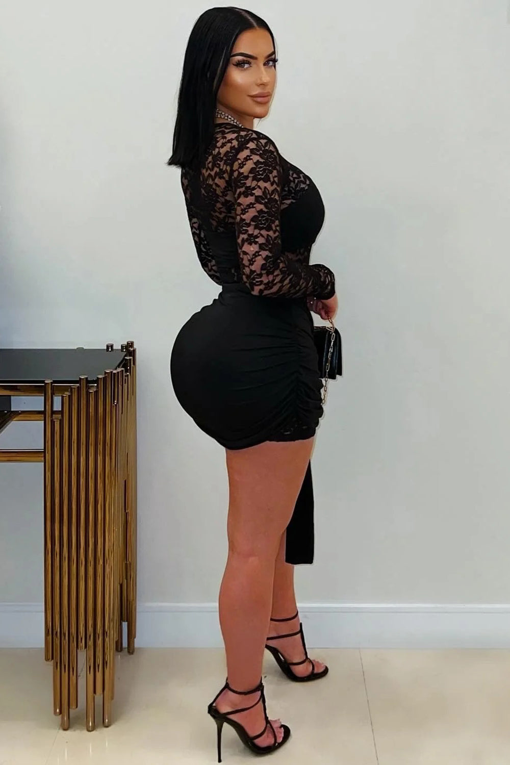 Guipure Lace Long Sleeve Sash Bodycon Party Mini Dresses-Black [Pre Order]