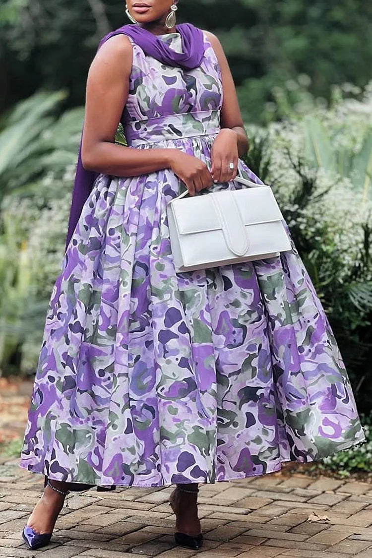 Plus Size Formal Purple Elegant All Over Print Boat Neck Pocket Satin Maxi Dresses [Pre-Order]
