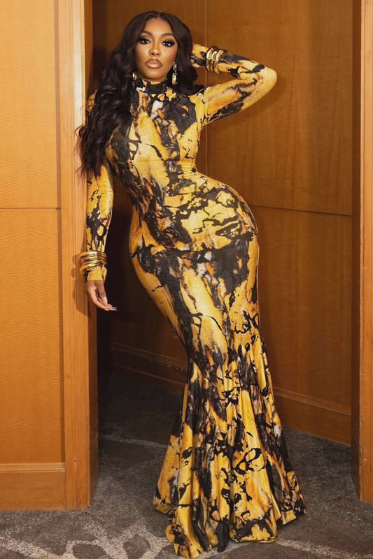 Abstract Print Mock Neck Party Maxi Fishtail Dresses-Yellow [Pre Order]