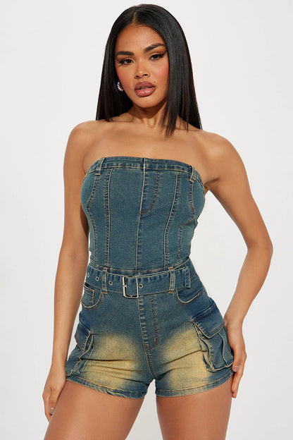 Boat Neck Strapless Belted Pockets Denim Casual Playsuit Romper-Blue